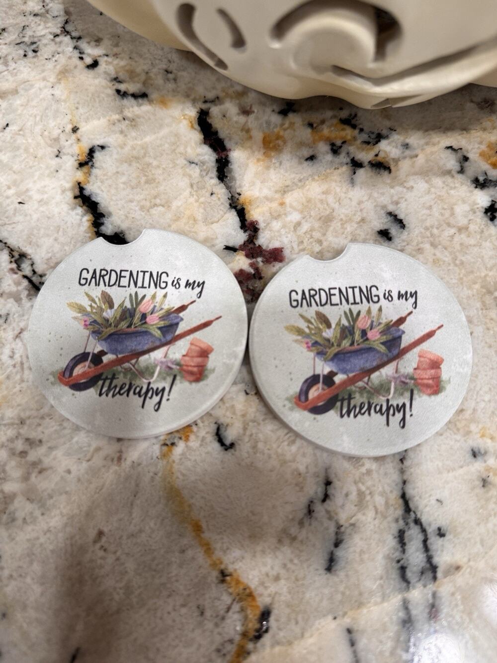CounterArt Absorbent Car Coasters Gardening Stoneware 2 Lot NEW